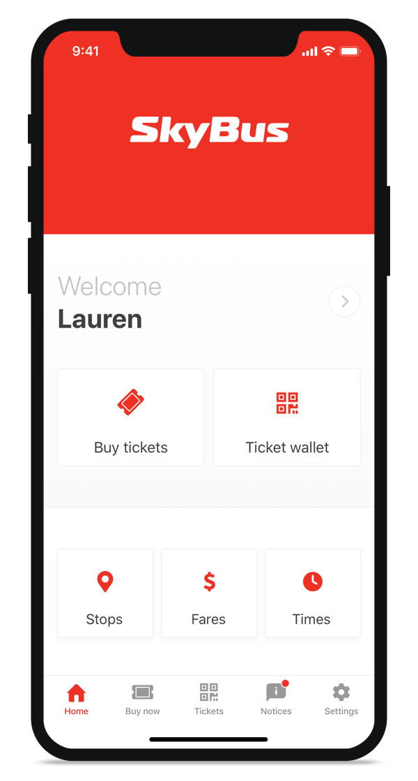 The SkyBus app home screen built by Stride